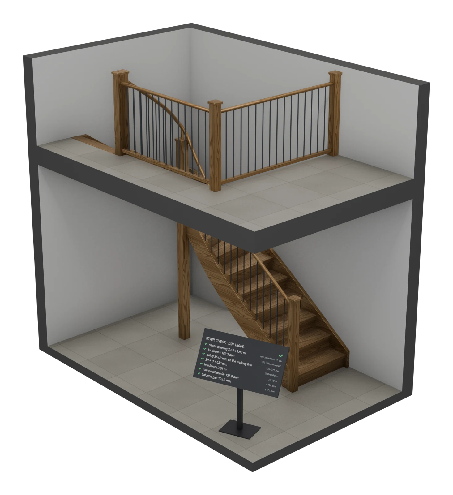 A made-to-measure winder stair in a two-storey cutaway, with its DIN 18065 readout sign
